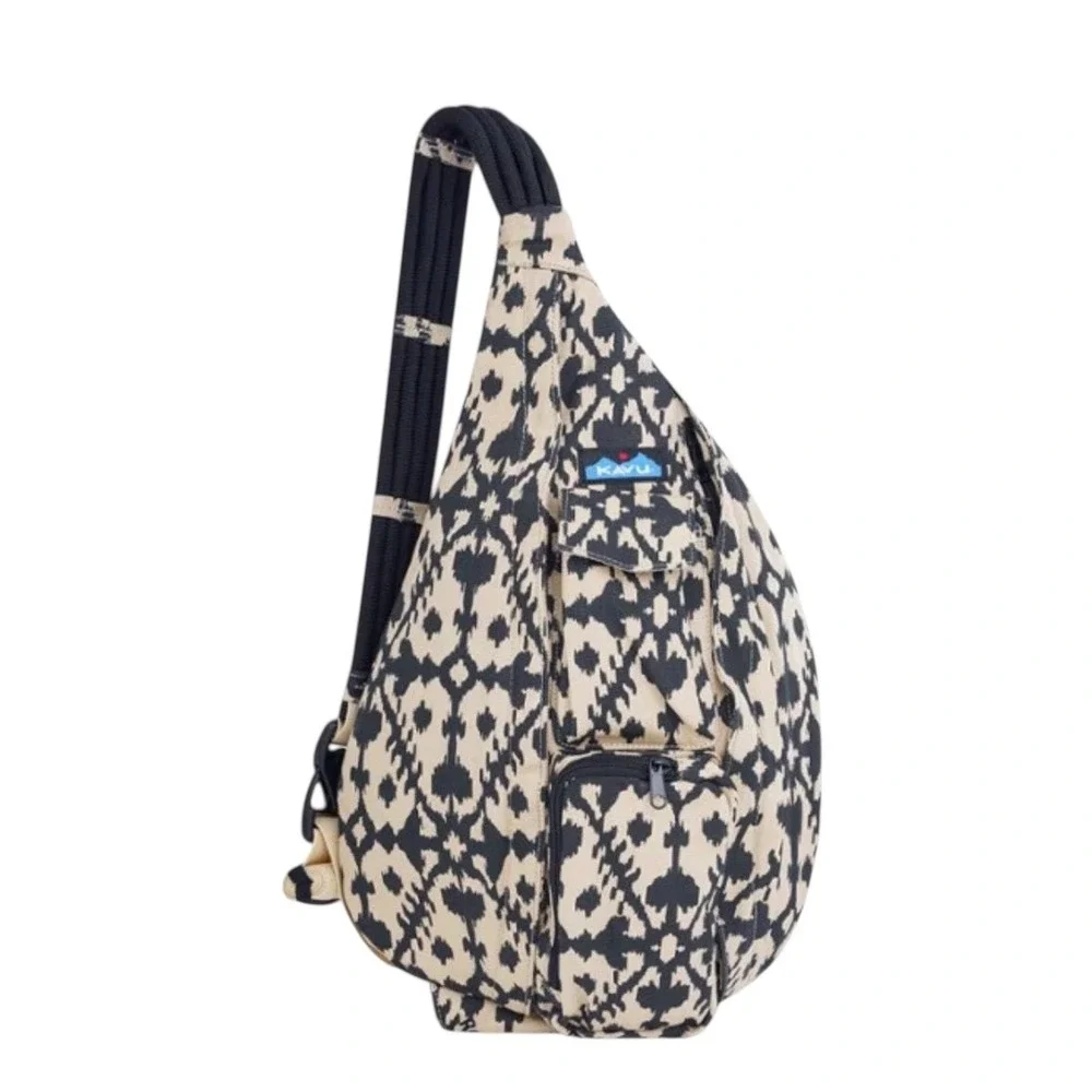 KAVU‎ Rope Bag Sling Backpack Cream Blue Ikat Sand Blot Canvas Crossbody Bag